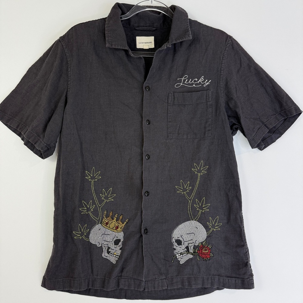 Lucky Brand Button Down Shirt Mens Small Gray Skull Rose Embroidered Cotton